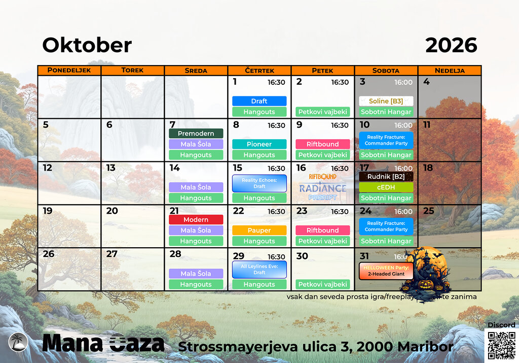 Koledar dogodkov za oktober 2026. Vsi dogodki z datumi so tudi na TopDecku.